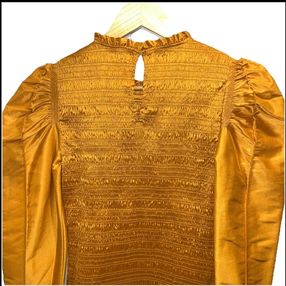 ULLA JOHNSON Aurele dress gold mini silk 4 puff sleeve smocked shirred NWOT - Picture 11 of 15